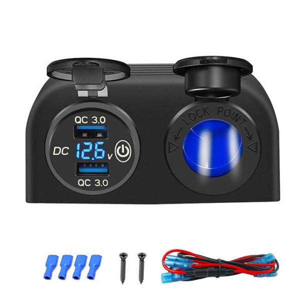 QC3.0 Double USB Car Charger Waterproof Switch Voltage 12-24V