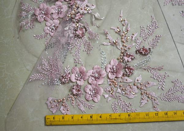 Embroidered 55 Inch Peach Color 3D Floral Rose Lace Fabric With Beads And