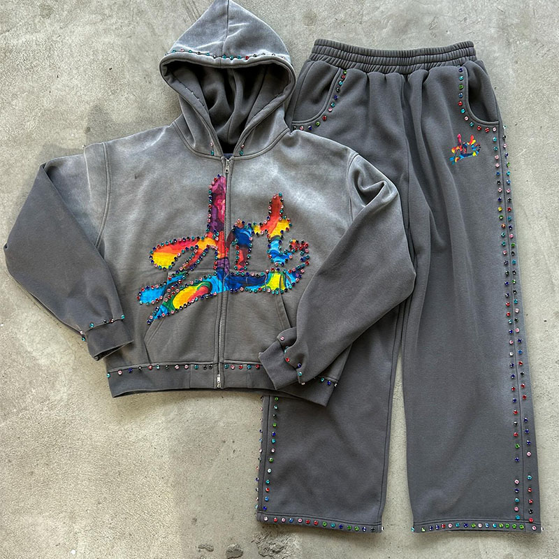 Custom Diamond Hoodie Set Rhinestone Acid Washed Vintage Embroidered Hoodies Sweat Pant Heavyweight Hoodie And Sweatpants Set