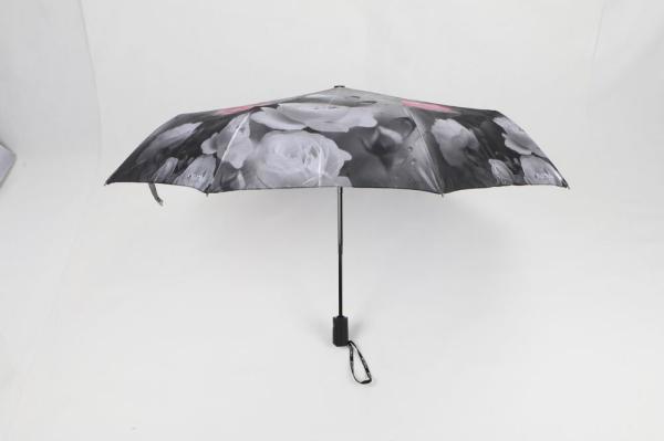 21 Inch Purple Auto Open Close Umbrella With Flower Design And Black Rubber