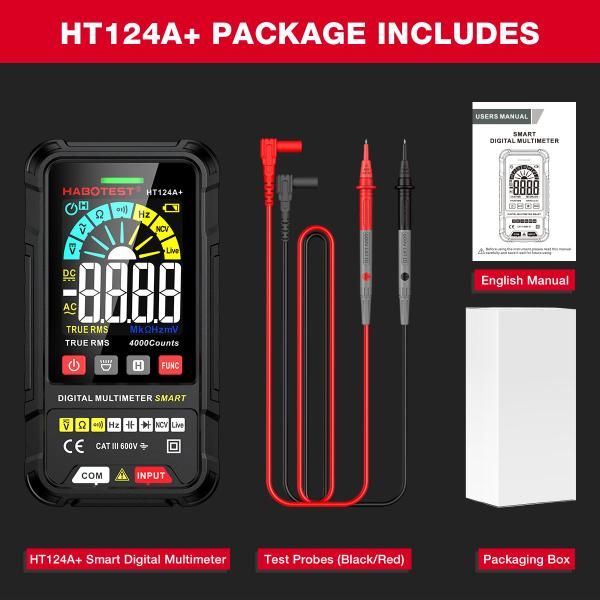 HT124 Digital Multimeter 4000 Counts Auto Range Voltage Tester Ohm Hz Capacitance True RMS AC DC DMM Multitester
