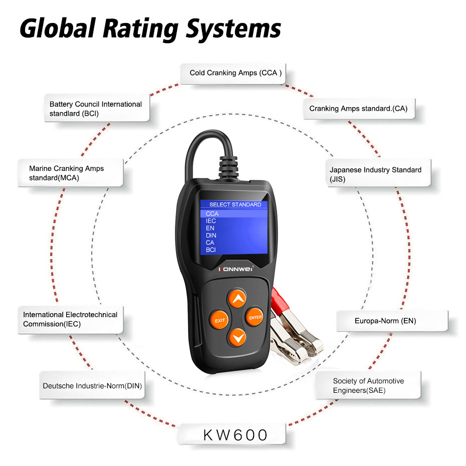 Konnwei KW600 Car Battery Tester Monitor LCD Display 12V 2000 CCA Cell Test Tool