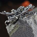 Men Necklace Retro 925 Sterling Silver Dragon Head Pendant Silver Wheat Chain