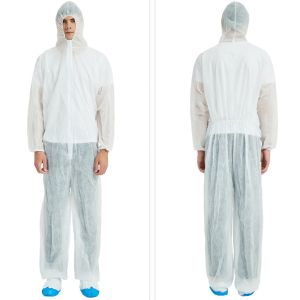 Breathable Microporous Fabric Disposable Protective Coverall In White / Blue