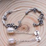 925 Silver Engraved Designs Flower Hoop Earrings with Pearl (055132)
