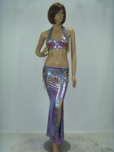 Wholesale Elegant 2 Pcs Belly Dancing Clothes Halter Neck Metallic Bra Top Floor Length Skirt from china suppliers