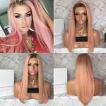 Straight Human Hair Ombre Full Lace Pink Wig Black Root Light pink Front Lace