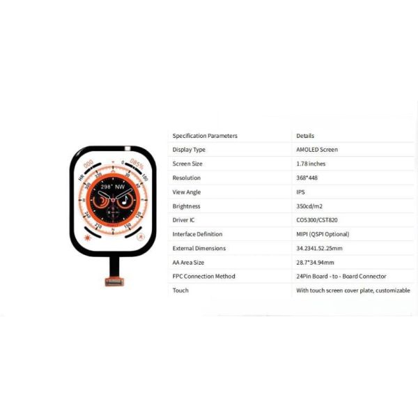 1.78-inch AMOLED Display | 368*448 Retina-level Display, Self-illuminating with High Contrast, MIPI/QSPI Interface, Suitable for Smart Watches /