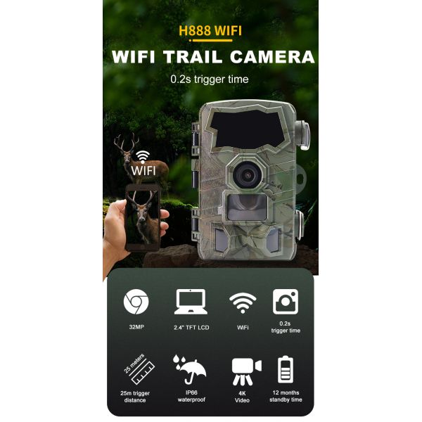 H888WIFI Wireless Long Range Trap Trail Camera Sends Picture To Cell Phone Long Distance Trail Cam Solar Panel IP66
