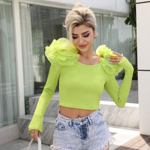 Wholesale Women'S Handmade Lace Blouse Elegant Timeless Style Lime Crepe Oversized Shoulder Pad Long Sleeve Bodysuit from china suppliers