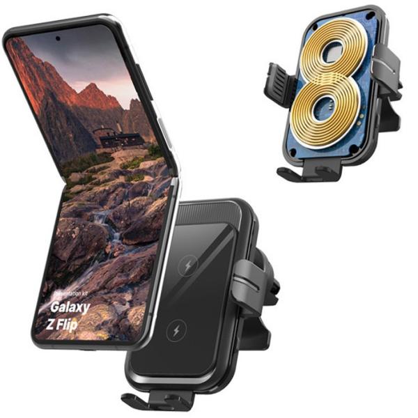 Dual Coil 15W Qi Fast Charging Auto Clamping Car Charger Phone Mount Designer