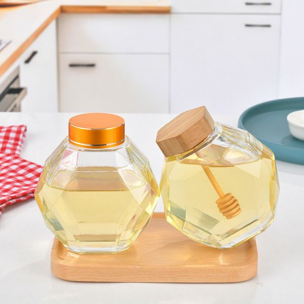380ml Geometric Hexagon Glass Honey Jars With Metal Lid