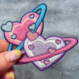 Wholesale Custom Heart Planet Cute Space Embroidered Iron On Patch Twill Fabric Background from china suppliers