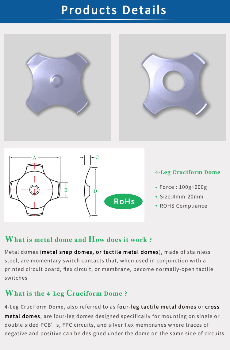 Stainless Steel SUS301 Tactile Metal Domes , 4 Leg Cross Click Domes With Hole