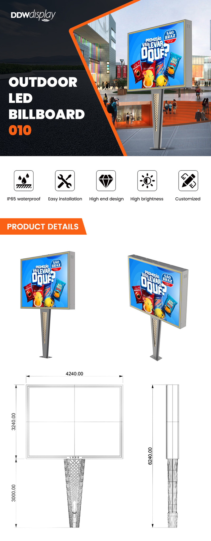 Custom high end design p6 8000nits steel waterproof IP65 digital outdoor led billboard for advertising