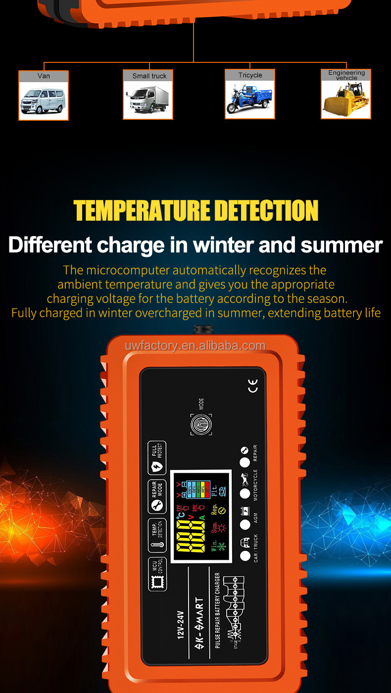 12V/20A Intelligent Repair Type Automatic 9-Stages LCD Car Battery Charger for Dry Wet Lead Acid Battery Power Charging