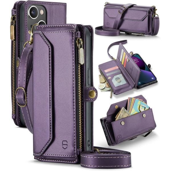 iPhone 13 case, zipper wallet with 7 cards, leather magnetic flip-flop wristband