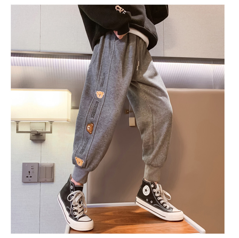 Thickened Warm Casual Grey Black Childrens Joggers Cartoon Bear Pattern