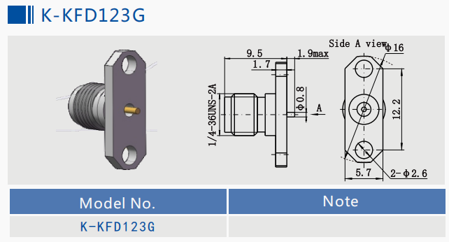 2.92mm Jack 40GHz 2 Hole Flange Mount With Round Contact SS RF Coax Microstrip Connector