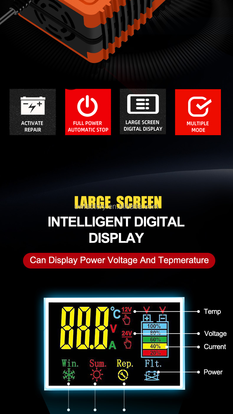 12V/20A Intelligent Repair Type Automatic 9-Stages LCD Car Battery Charger for Dry Wet Lead Acid Battery Power Charging