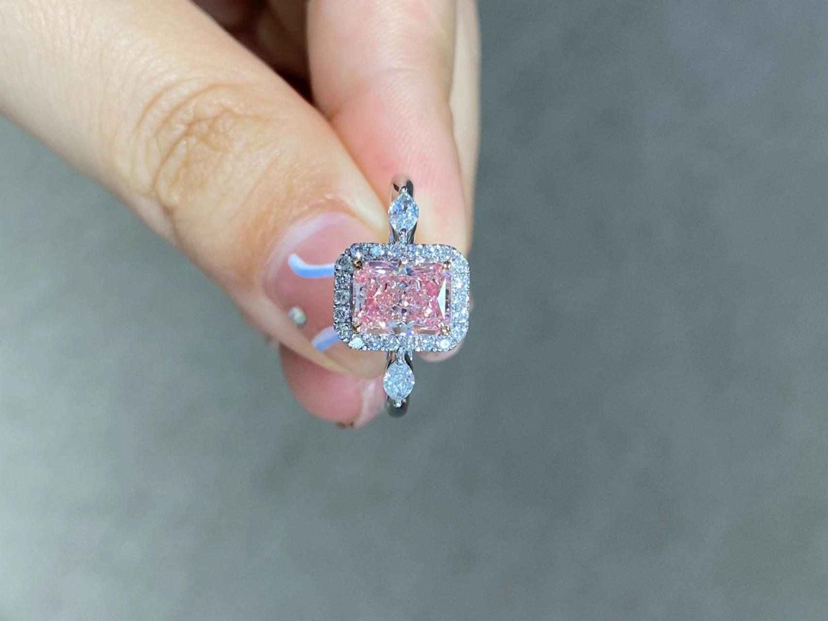 1.31ct Pink Lab Created Diamond Rings Radiant Shape IGI Certified 18k White Gold Ring