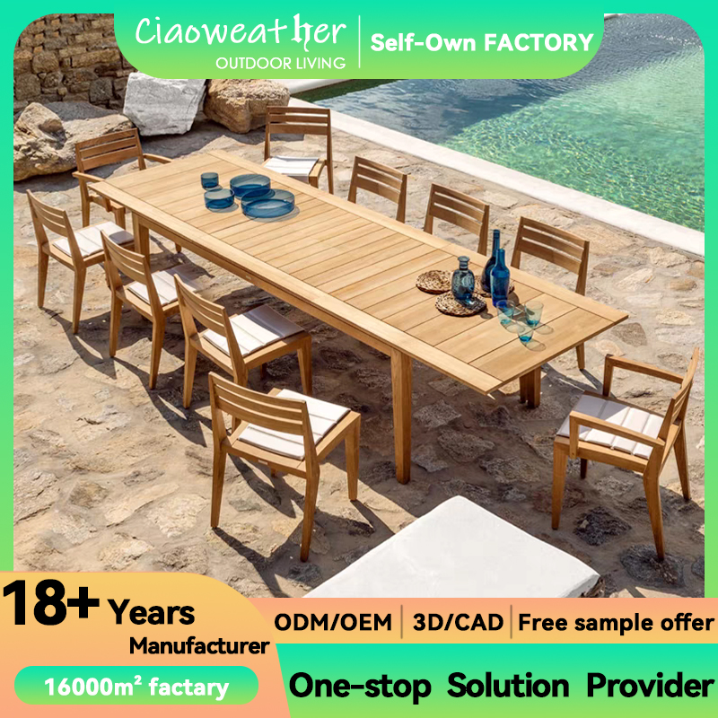 Hotel Function Teakwood Frame Customizable Luxury Outdoor Courtyard Garden Sets Dining Table Set Furniture Armless Chair