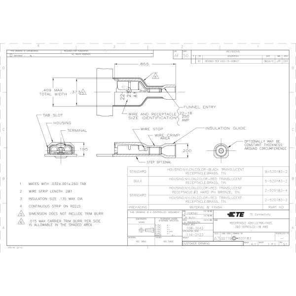 Amp Tyco Te 2-520183-2 Ultra-Fast 250 Quick Disconnects, Receptacle 22-18 AWG Wire Size 32-82 mm Wire Size Mating Tab