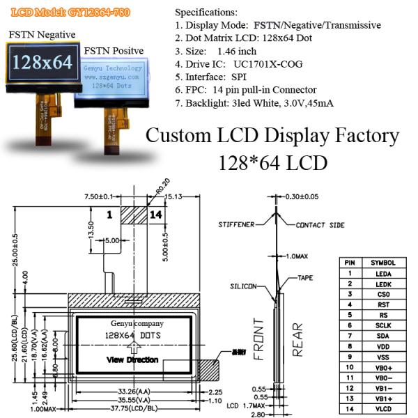 128x64 Fstn COG LCD Display Module I2c Spi St7567 26pin Screen Monochrome Display 12864 Mono LCD Graphic Display ST7567 or UC1701