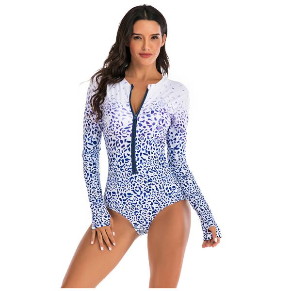Zipper Front One Piece Long Sleeve Swimsuit Printing High Elastic Thumb Cuff