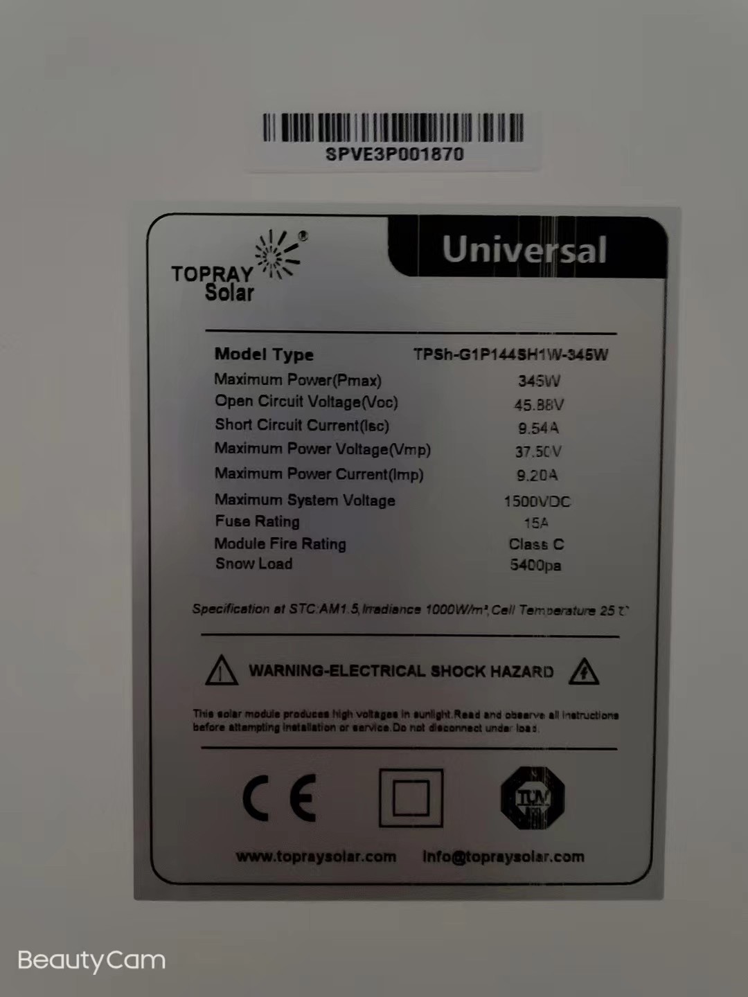 Single Glass 5400 Pa Snow Load Poly Solar Cells 345 Watt White Border