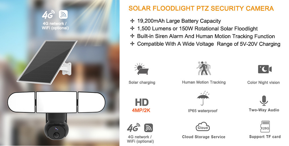 4MP WiFi Solar Security Camera Siren Alarm 6500K Floodlight 3M Cable 2K