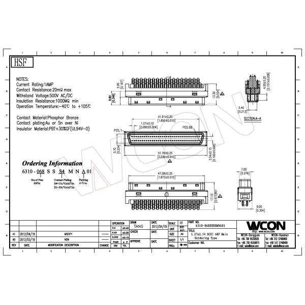 1.27*2.54 Pitch scsi 68 pin connector male computer pin connectors mating with 6311