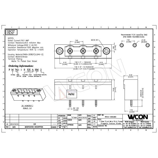 7.62 Pluggable Terminal Block Male Straight PA66 Green L=14.0/3.9 Close Type