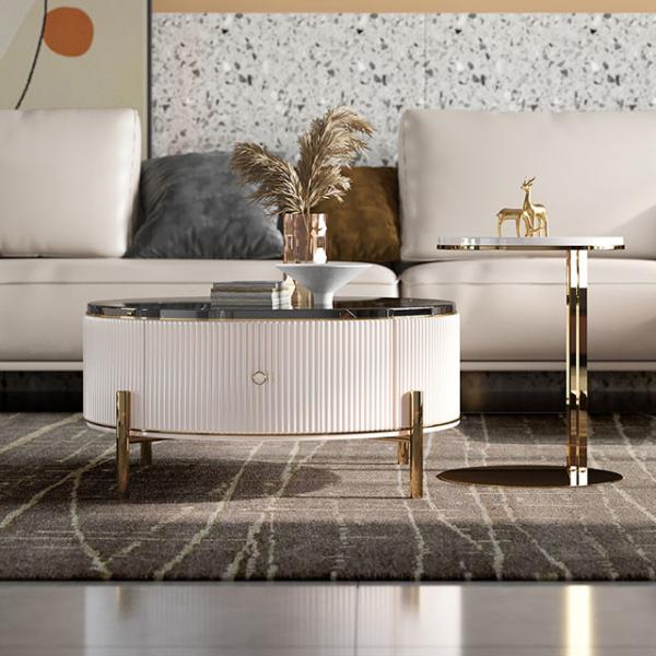 P2 MDF Body Round Coffee Table With Storage Marble Texture ISO Certificated
