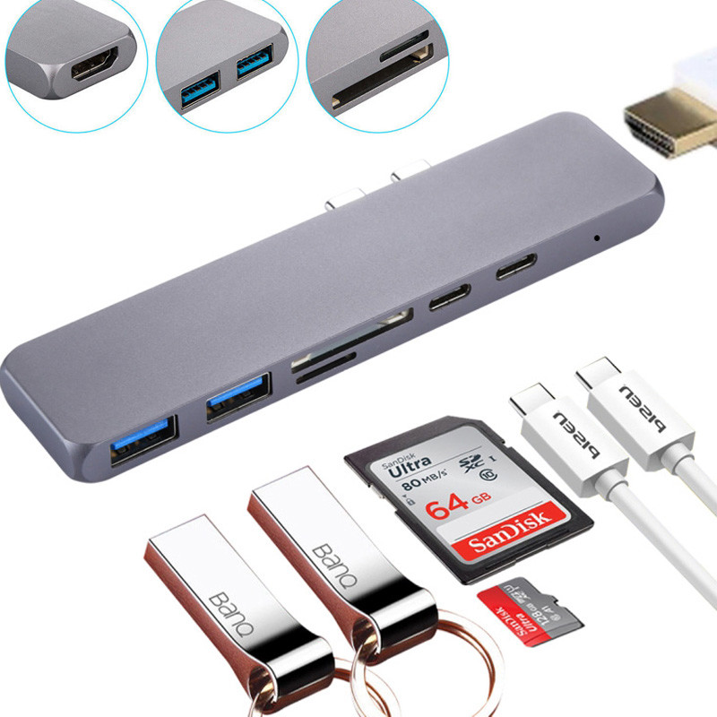 7 in 1 Thunderbolt 3 Type C USB C USB 3.1 Hub Docking to 4K +USB3.0*2+Type C*2+SD/Micro card reader adapter