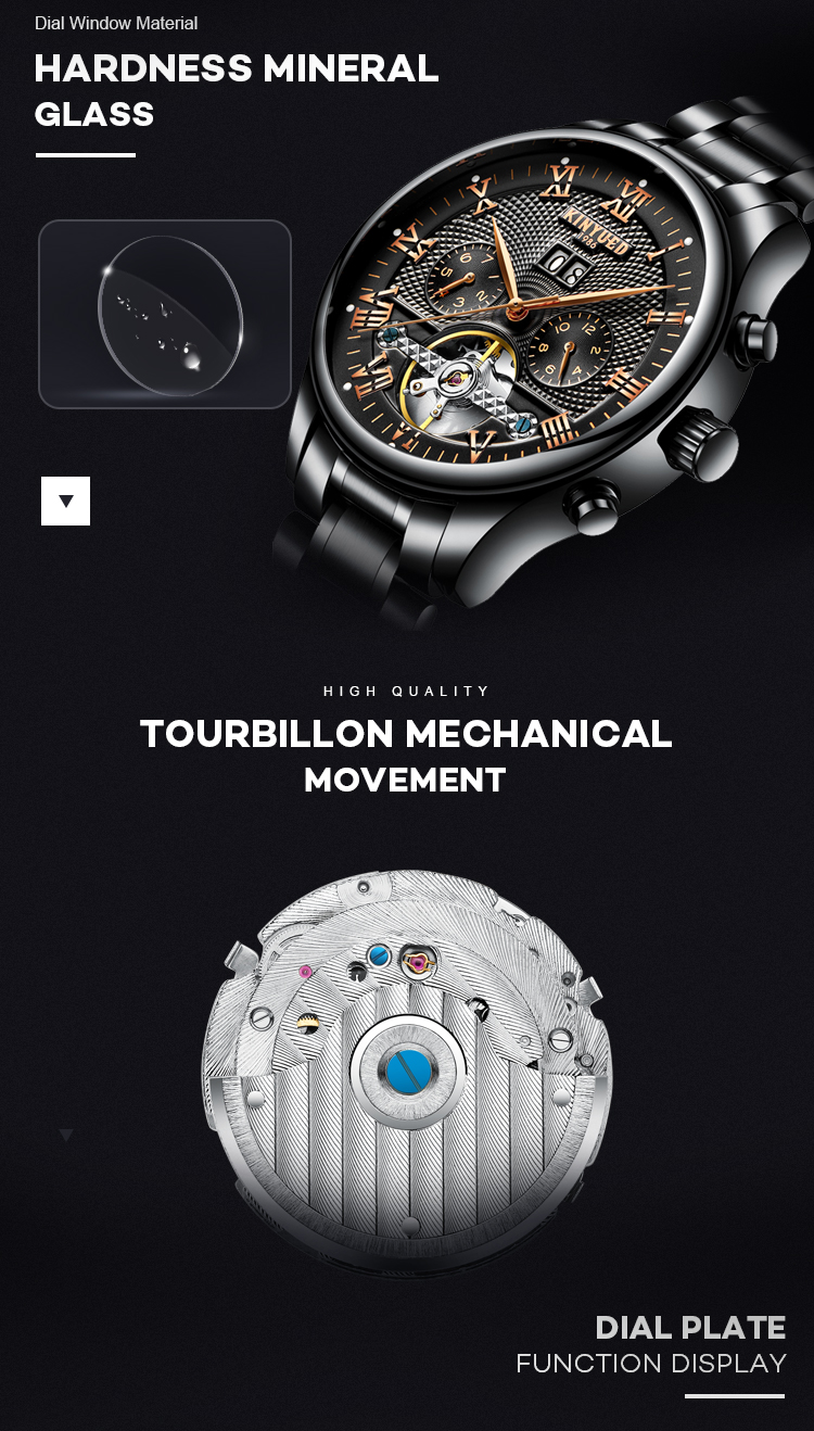 Fashion Stainless Steel Tourbillon Movement Mens Watch Waterproof KINYUED Automatic Mechanical Watches