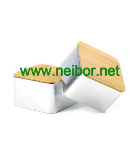 kitchen use square storage tin container with bamboo lid