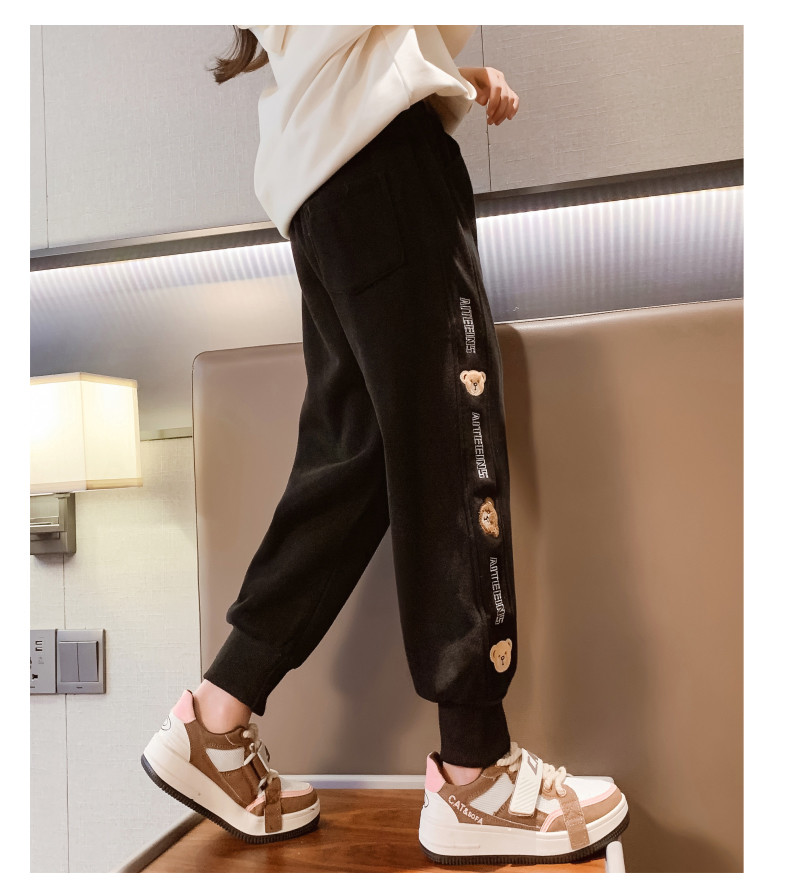 Thickened Warm Casual Grey Black Childrens Joggers Cartoon Bear Pattern