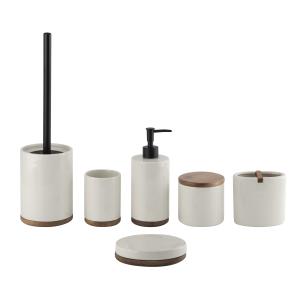 Wholesale Round shape ceramic bathrooom accessories with wooden base cream color ceramic soap dispenser from china suppliers