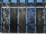 Modern Black and Gold Staircase Tiles with Orange Fire Strips 600x1200 Glossy