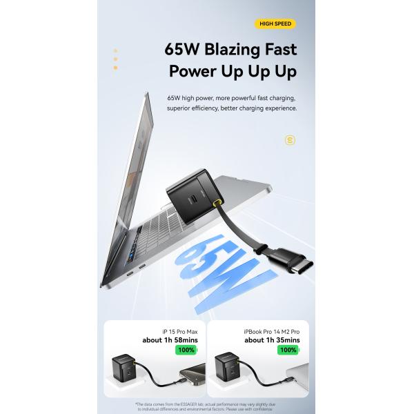 ESSAGER G652CU Series 65W Built-In USB-C Cable GaN USB-C Charger with PPS Function and 100-240V/1.5A Input