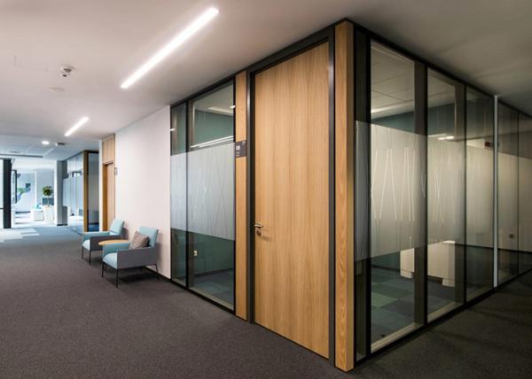 Stick Frosted Logo Customized Glass Wall Partition With Solid Door Equipment