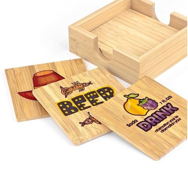 Square Shape Sublimation Bamboo Wooden Coaster Set With Holder Custom Wooden Tea Cup Mat Pad Bamboo Coaster