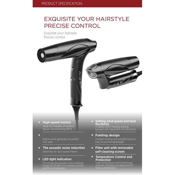 Low Noise Ion Hair Dryer With Nozzle Hot & Cold Air Speed Adjustment Styling Tool