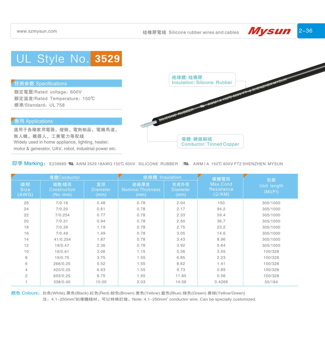 UL3529 600V 150C 1-26AWG Silicone rubber wires FT2 for home appliance,lighting,heater,industrial power