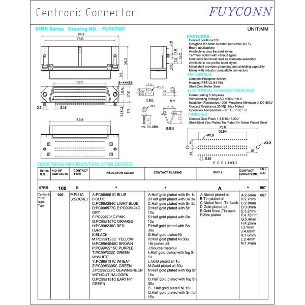 Centronics Connector 957 100 Pin Right Angle PCB Mounting Female Receptacle Connector 2.16mm pitch