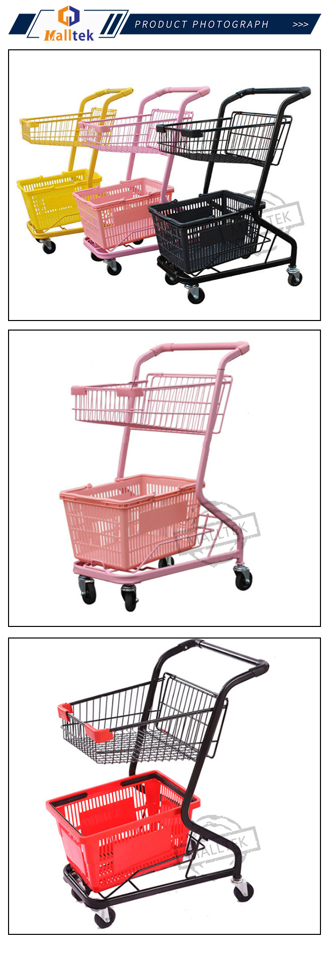 Two Baskets Metal Supermarket Shopping Trolley For Retail Grocery Store
