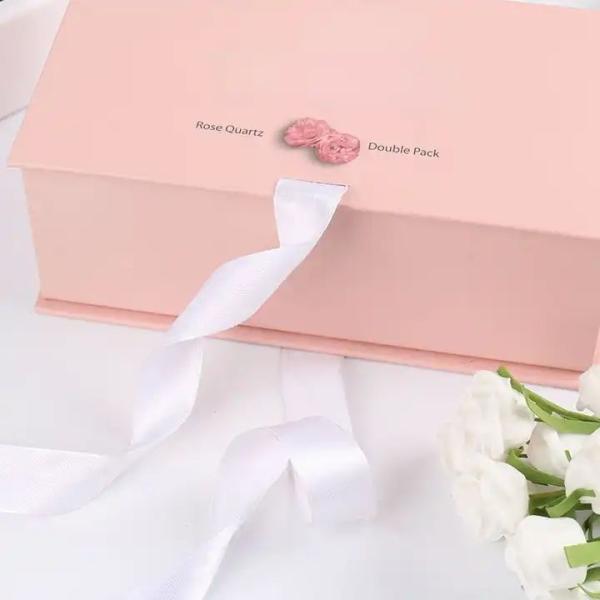 Gift Craft Pink Paper Box with Ribbon and Folding Lid Custom Shape Logo Packaging Box