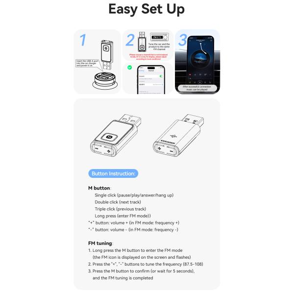 Bluetooth 5.4 FM Car Adapter with 10m Range USB-A