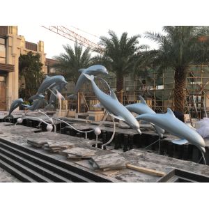 China Stainless Steel Dolphin Group Metal Animal Sculptures Pool Decoration Sky Blue Paint on sale
